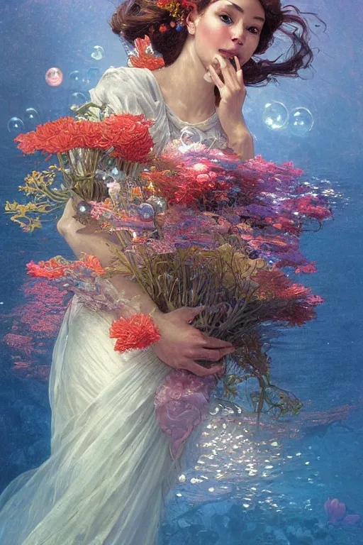 Prompt: portrait of a beautiful mysterious woman holding a bouquet of flowing flowers, small bubbles from her mouth, hands hidden under the bouquet, submerged underwater filled with colorful small fish and coral reef, fantasy, regal, intricate, by stanley artgerm lau, greg rutkowski, thomas kindkade, alphonse mucha, loish, norman rockwell