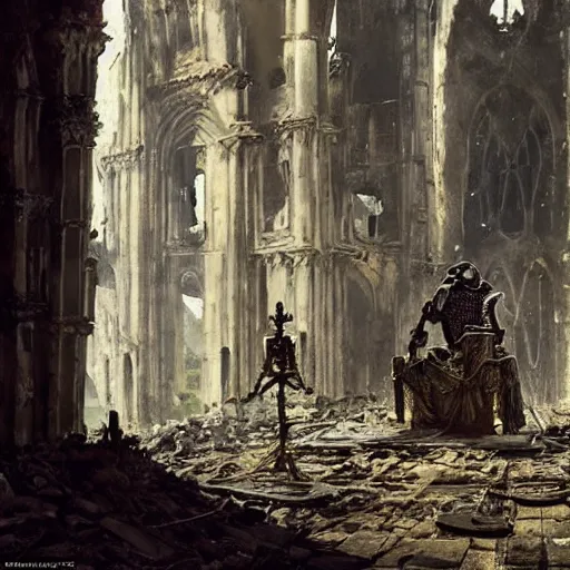 Image similar to Skeleton wearing ragged clothes and a plate armour resting on a throne inside a ruined cathedral, oil painting, by Greg Rutkowski