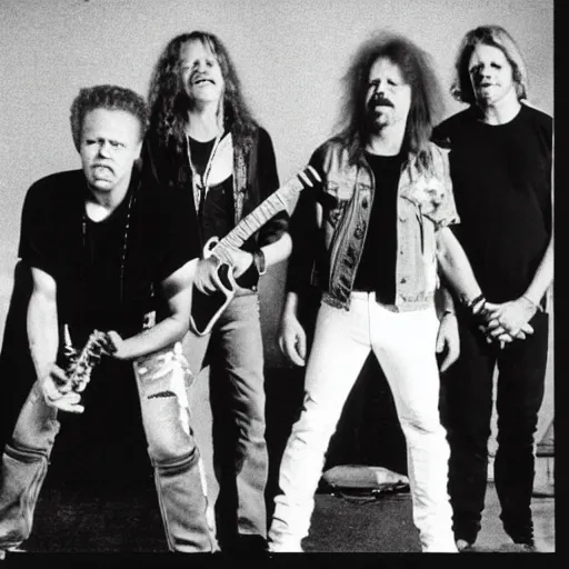 Prompt: Metallica as a jazz band, 80s concert photo