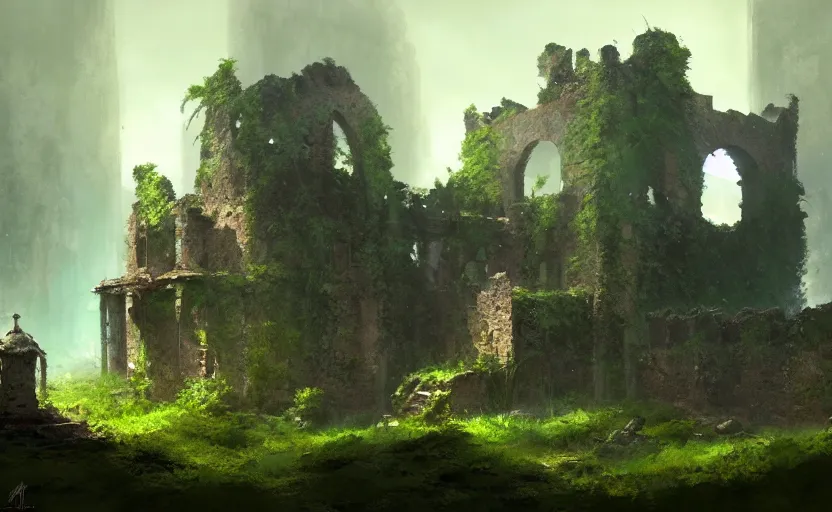 Image similar to ruins of an old castle covered by plants with moody and cinematic lighting by greg ruthkowski and craig mullins, cinematic and atmospheric, concept art, artstation, trending on artstation