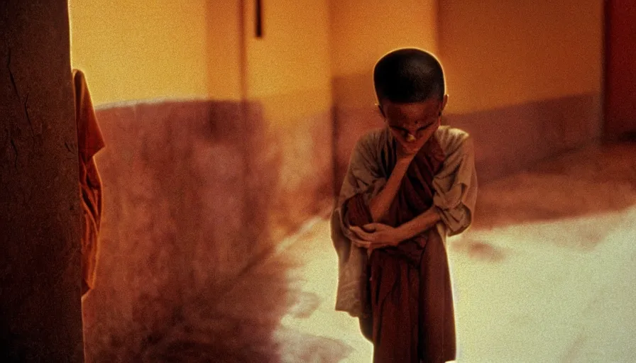 Image similar to 7 0 s film still from a horror movie about a buddhist monk, kodachrome, cinecolor, cinestill, film grain, film texture, retro, cinematic, high resolution, photorealism,