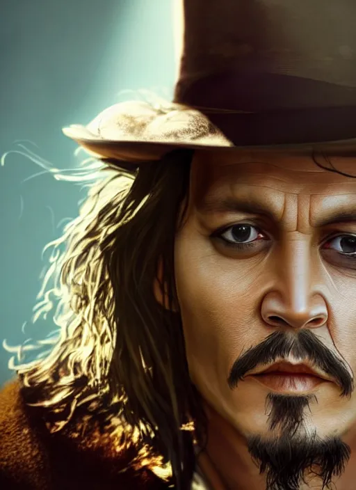 Prompt: portait of Johnny Depp, sharp focus, illustation, stunning lighting, realistic character concept, light atmosphere, golden ration, cinematic lighting, high resolution, insanely detailed and intricate, art by (Hayao Miyazaki and Matt Groening), 8k