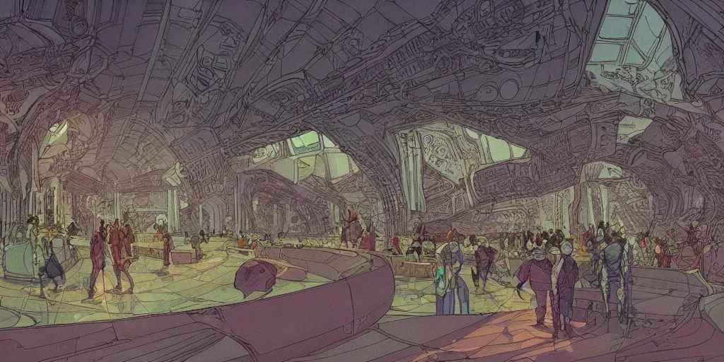 Prompt: cel shaded matte illustration of the the interior of a scifi space station with ornate elven architecture bustling with people, emerald, crystalline, detailed illustration, sharp focus, crisp lines, art by moebius, jean giraud moebius comic illustration
