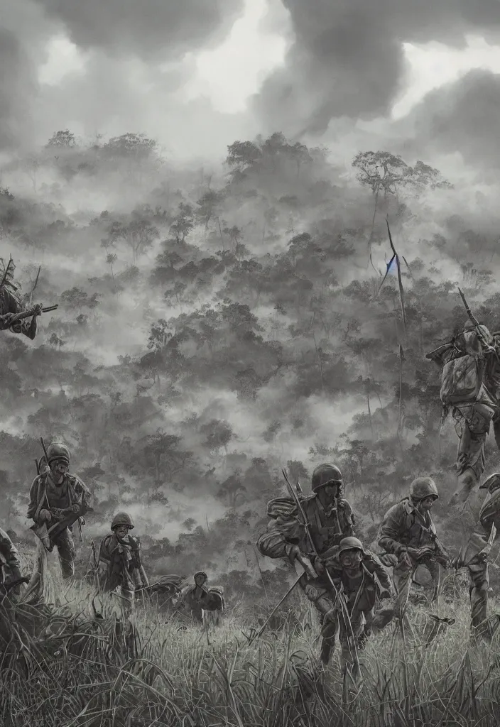 Image similar to handmade illustration of an epic and dramatic Vietnam war scene with a few american soldiers walking, the jungle at the background, some mist grey smoke and fire, blue sky with dramatic clouds, line art, ink, ol on canvas by Kilian Eng and by Jake Parker, heavy brushstrokes, winning-award masterpiece, fantastic, octane render, 8K HD Resolution, High quality image