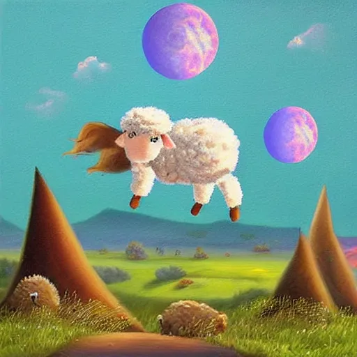 Image similar to cute wooly baby sheep jumping over the moon detailed magical realism painting