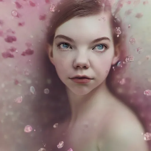 Image similar to portrait of a beautiful girl + anya taylor - joy floating under the deep dream water, beautiful smooth soft light + white petal, by personal photography, art by brookskim, closeup, 4 k, highly detailed, instagram,