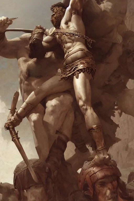 Image similar to ancient historically accurate depiction of the Bible Character Goliath of Gath, the Philistine warrior giant by frank miller, illustration by Ruan Jia and Mandy Jurgens and William-Adolphe Bouguereau, Artgerm, 4k, digital art, surreal, space dandy style, highly detailed, godsend, artstation, digital painting, concept art, smooth, sharp focus, illustration by Ruan Jia and Mandy Jurgens and William-Adolphe Bouguereau, Artgerm