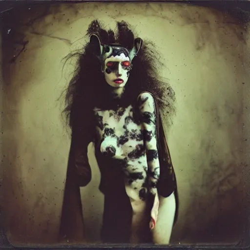 Image similar to damaged kodak portra 4 0 0, wetplate, photo of a surreal artsy dream scene,, very beautiful model, weird fashion, grotesque, extravagant dress, strange pose, carneval, with an animal, wtf, photographed by paolo roversi style