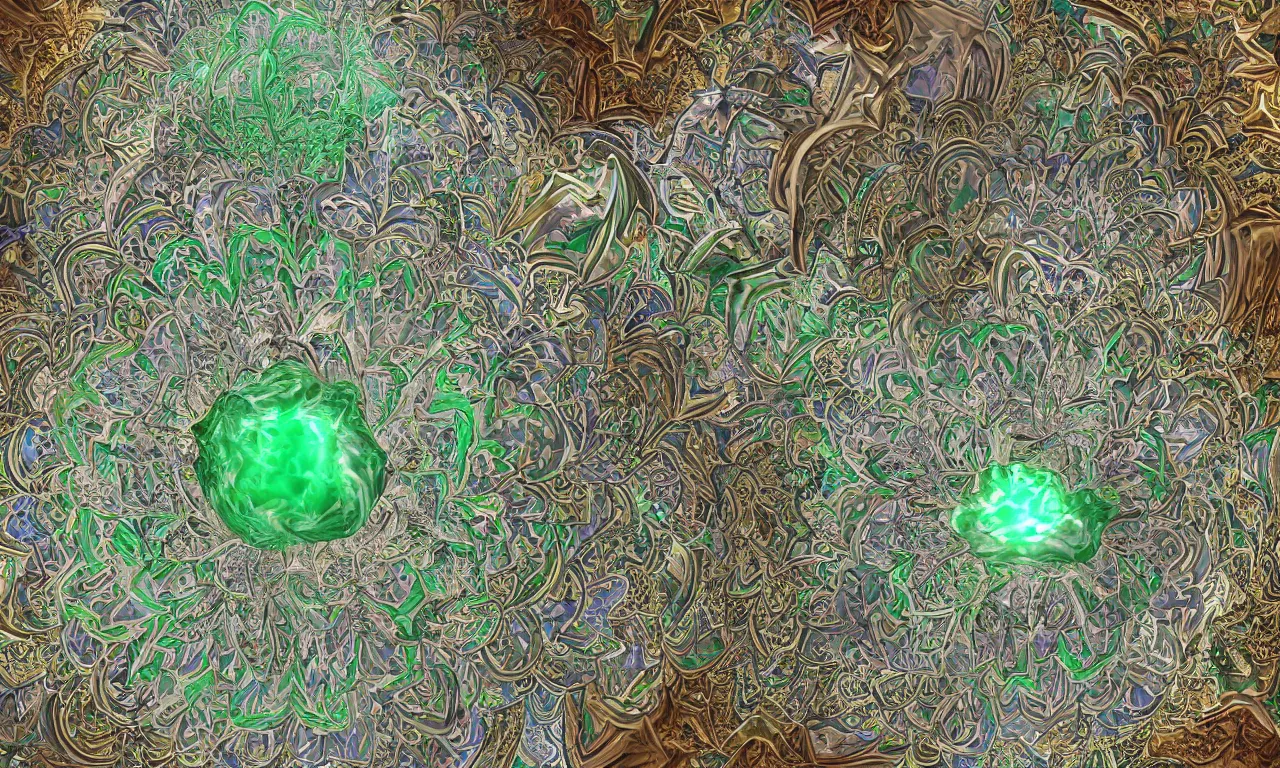 Image similar to mandelbrot 3 d volume fractal mandala ceramic chakra digital color stylized an ancient white bone and emerald gemstone relic, intricate engraving concept substance patern texture natural color scheme, global illumination ray tracing hdr fanart arstation by sung choi and eric pfeiffer and gabriel garza and casper konefal
