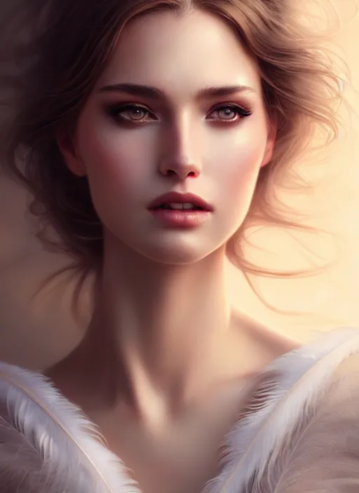 Image similar to a gorgeous female photo, professionally retouched, soft lighting, wearing a feather dress, realistic, smooth face, perfect eyes, wide angle, sharp focus on eyes, 8 k high definition, insanely detailed, intricate, elegant, art by artgerm and greg rutkowski