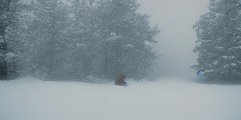 Prompt: photo, bigfoot is hiding in the background. cold color temperature, snow storm. hazy atmosphere. humidity haze. kodak ektachrome, greenish expired film, award winning, low contrast