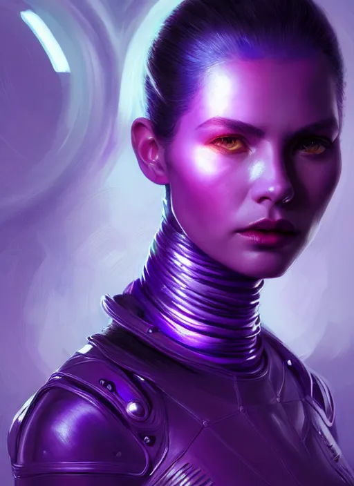 Image similar to top down lighting, extreme close up, stunning portrait of a woman in purple leather future armor with a long black ponytail, purple eyes, glowing with void energy, spaceship hallway, intricate, mood lighting, highly detailed, digital painting, artstation, concept art, smooth, sharp focus, illustration, art by wlop, mars ravelo and greg rutkowski