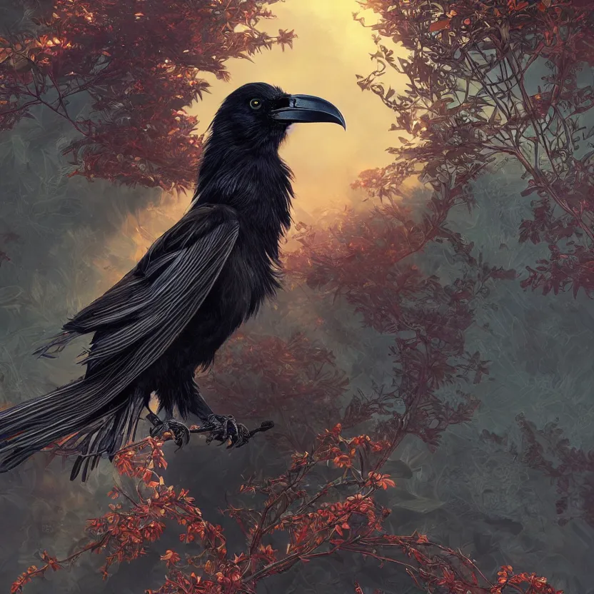 Prompt: beautiful angry black raven bird, cute, intricate, exquisite japanese asanoha background, highly detailed, digital painting, trending on artstation, concept art, smooth, sharp focus, backlit, rim light, vivid colors, illustration, unreal engine 5, 8 k, art by rossdraws and alphonse mucha