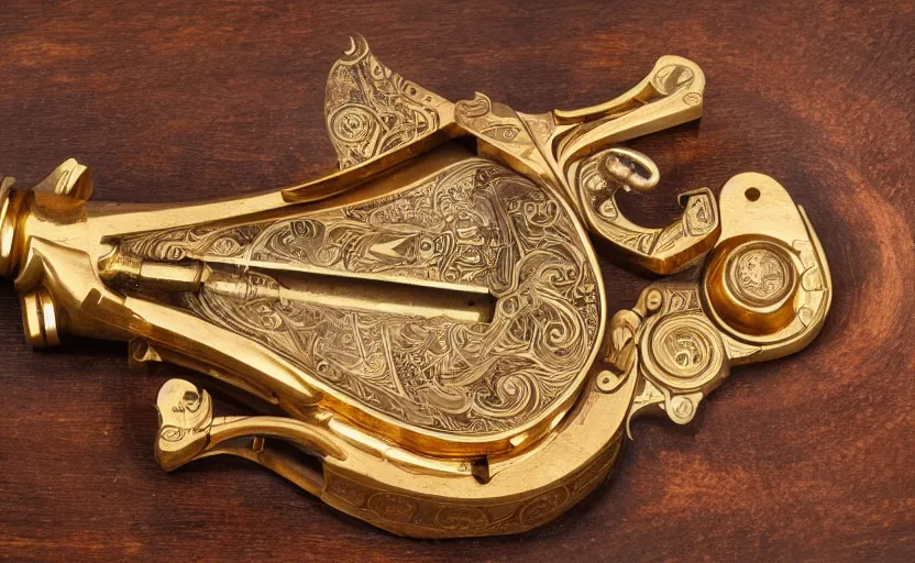 Image similar to golden revolver with engravings laying on a wooden table, complex, high detail