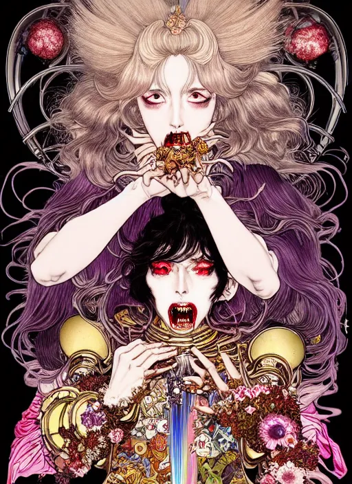 Image similar to highly detailed terada katsuya artstation ayami kojima manga poster of princess mechine open mouthed enraged damaged angry zombie, rainbow gradient reflection, long hair, armor, dress, laces, ruffles, 8 k, maximalist,, jump comics, tomer hanuka, alphonse mucha