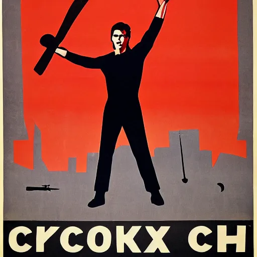 Prompt: Soviet communist propaganda poster of Tom Cruise with his closed fist up in the air, red background, hammer and sickle