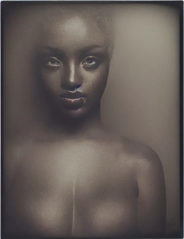 Image similar to conceptual polaroid photo with flash, portrait of a dark skin woman model in top with smokey eyes, polaroid photo bleached strong lights, kodak film stock, hyper real, stunning moody cinematography, with anamorphic lenses, by maripol, detailed