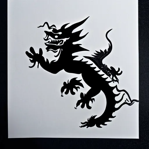 Image similar to a vinyl decal of a flying Chinese dragon, black ink shading on white background