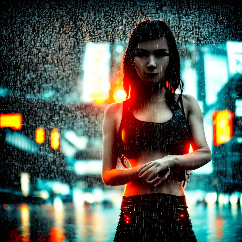 Image similar to a photo close up cyberpunk woman dancing in the rain, cyberpunk hiroshima, prefecture streets, sunset, photorealistic, cinematic lighting, highly detailed, bokeh, style by tomino - sama