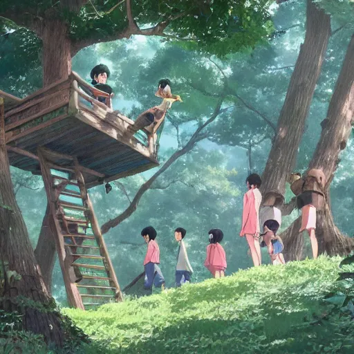 Image similar to The battle for the treehouse, kids trying to take a treehouse from another group of kids, by Dice Tsutsumi, Makoto Shinkai, Studio Ghibli