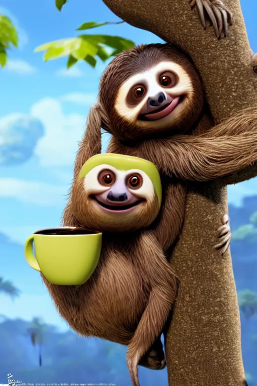 Image similar to a happy sloth climbing a tree with a cup of coffee. Pixar Disney 4K 3d render funny animation movie Oscar winning trending on ArtStation and Behance. Ratatouille style.