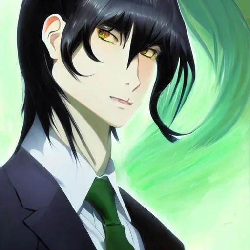 Prompt: full body portrait character concept art, anime key visual of decadent green long straight hair young anime male in black suit, green long straight hair and brown eyes, finely detailed perfect face studio lighting delicate features directed gaze, gapmoe kuudere grimdark, trending on pixiv fanbox, painted by greg rutkowski makoto shinkai takashi takeuchi studio ghibli