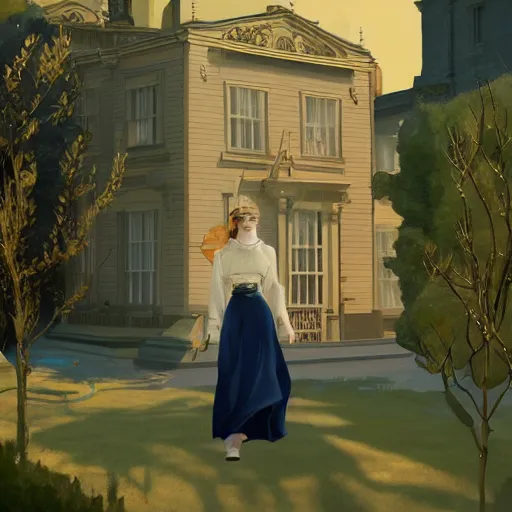 Prompt: Elle Fanning, head and shoulders masterpiece, in Dishonored, golden hour, in a garden, artstation, in the style of Art Deco and Edward Hopper and Bosch, extremely detailed