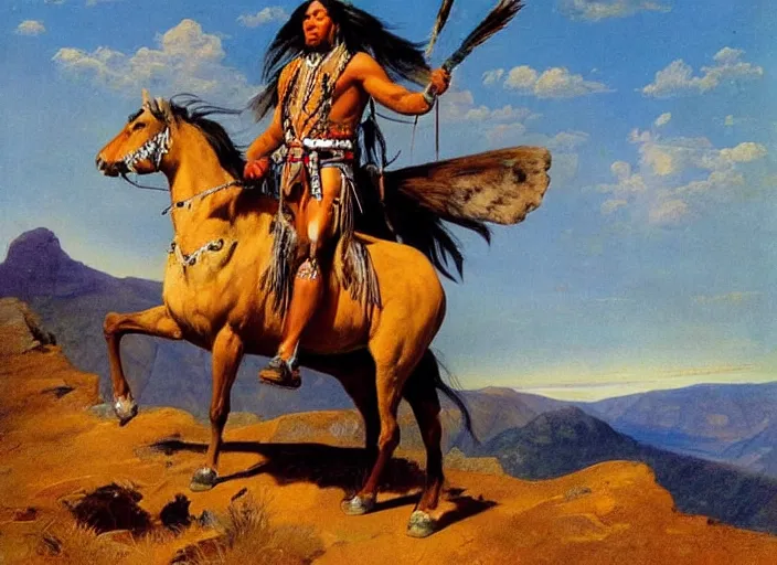 Prompt: powerful native american warrior!! beautiful native american riding horse, buffalo, mountain range, beautiful sky, standing on the edge of a cliff, nineteenth century, painted by frazetta