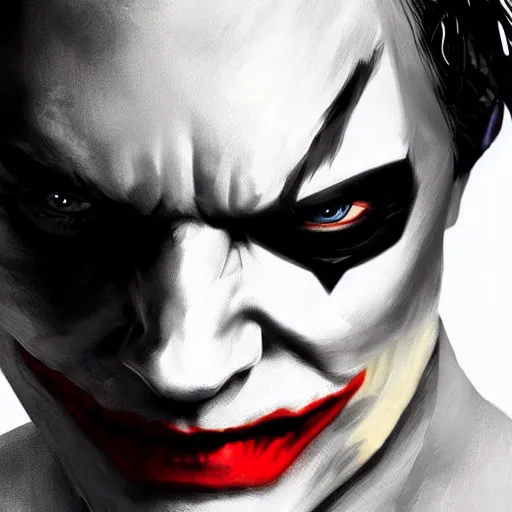 Image similar to half batman half joker face, digital painting, amazing detail, artstation, cgsociety, photorealistic