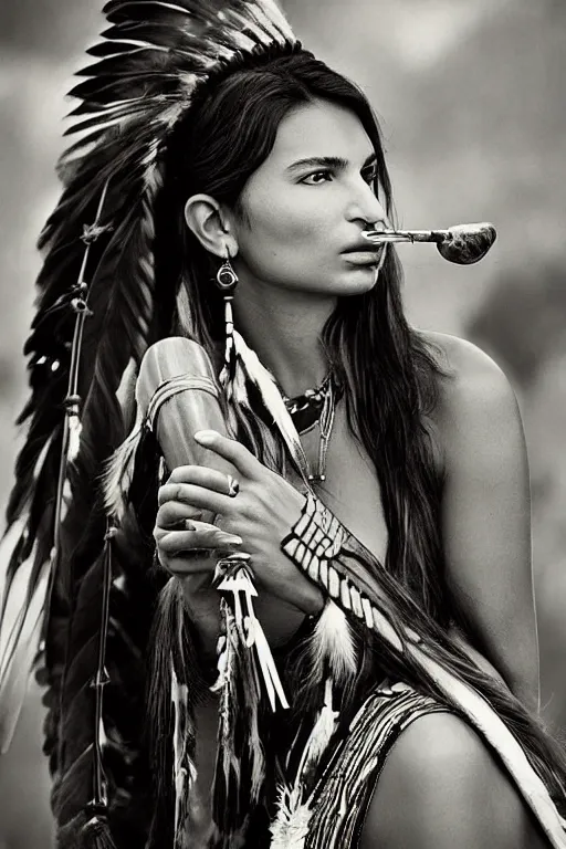Image similar to photo of a beautiful native american indian woman, emily ratajkowski smoking a pipe of peace, portrait, skilled warrior of the apache, ancient, realistic, detailed