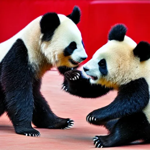 Prompt: two pandas having a wrestling match at madison square garden