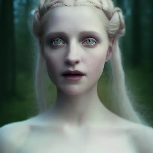 Image similar to photographic portrait of a stunningly beautiful english renaissance female in soft dreamy light at sunset, frozen forest, soft focus, gothic, contemporary fashion shoot, in a denis villeneuve and tim burton movie, by edward robert hughes, annie leibovitz and steve mccurry, david lazar, jimmy nelsson, extremely detailed, breathtaking, hyperrealistic, perfect face, octane render