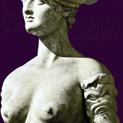 Image similar to a detailed and award winning movie poster with a white marble statue of the venus de milo wearing motorcycle helmet, no arms, closed visor, marble, statue, museum, soft lighting, night time, graphic design, typography, indoor, 8 k, detailed, beautiful, symmetrical, denoise, sharp focus, realistic, photography, cinematic lighting