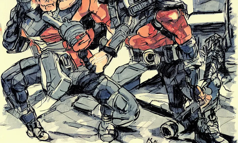 Prompt: solid snake sneaking into a hangar mead and jack kirby, color scheme, kirby crackle, arik roper, concept art