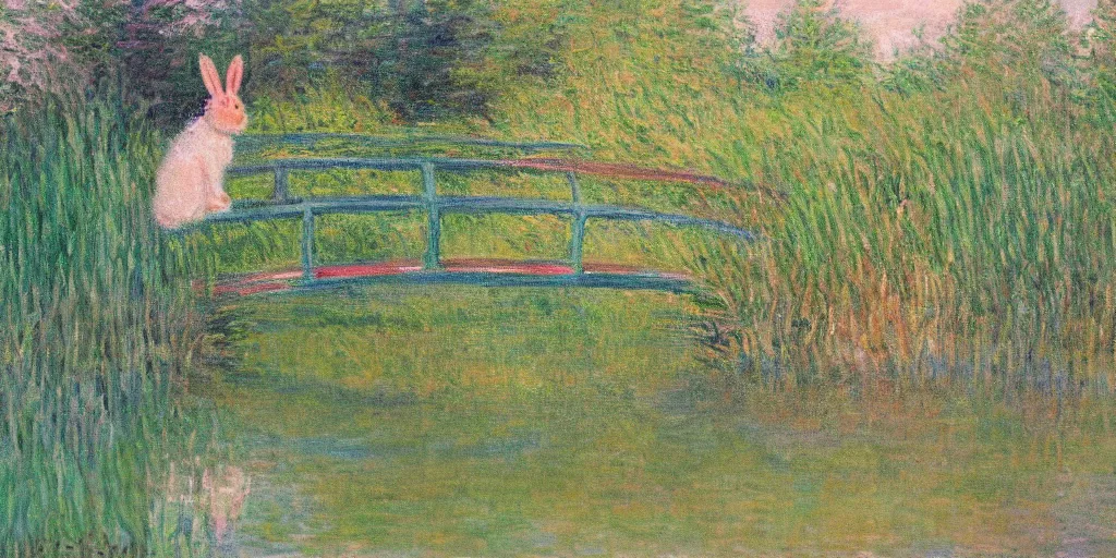 Image similar to a painting of a rabbit standing on a small wooden bridge, in the style of monet