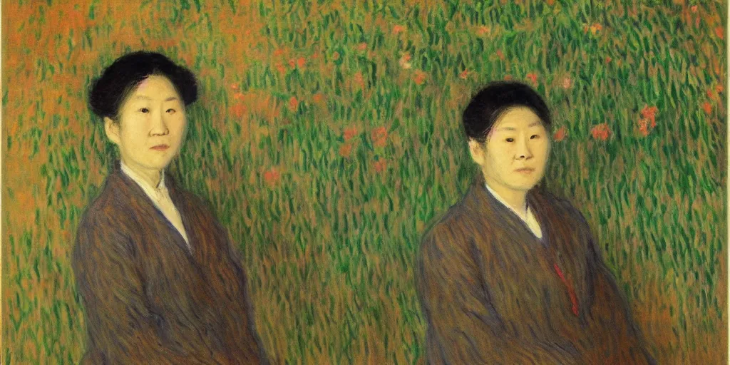 Image similar to A portrait of WANG2MU by Monet, in the Monet style.