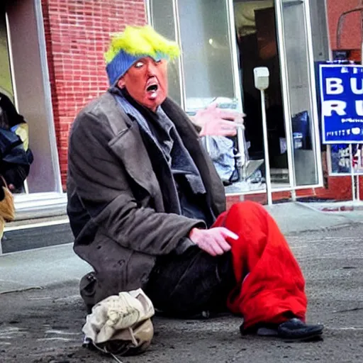 Image similar to donald trump dressed as a homeless man asking for money on the streets, detailed face