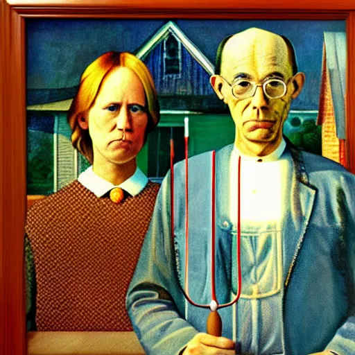 Image similar to fat orange tabby cat next curly haired man, style of american gothic by grant wood