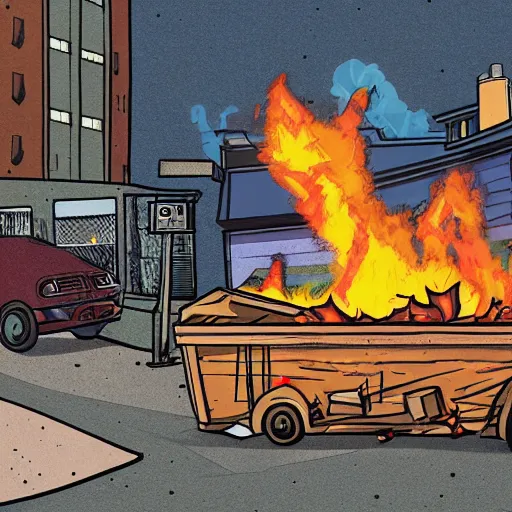 Prompt: cell shaded image of a dumpster on fire with raccoons running away