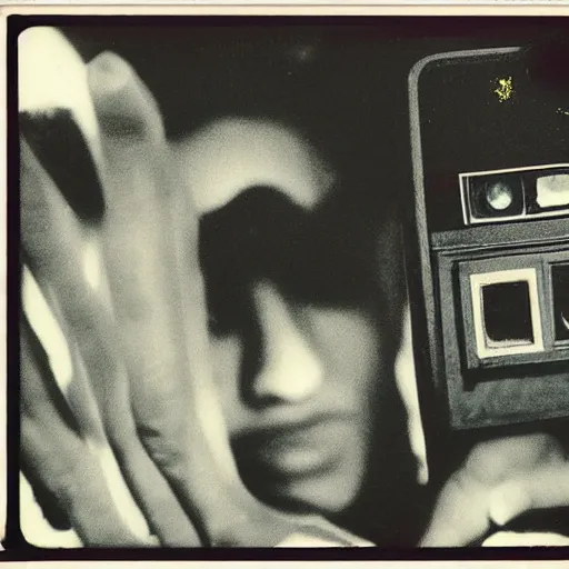 Image similar to A teenager summoning a demon, 1980s Polaroid photo-journalism flash photography