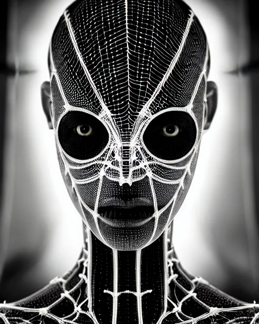 Image similar to black and white cyborg-plant goddess high quality photo, artificial intelligence, bio-mechanical bio-luminescence, artificial complex spider web, neurons, nerve cells, octane render, cinematic, rim light, hyper realism, photo-realistic, high detail, 8k, in the style of Steven Meisel and Dora Maar and H.G. Giger