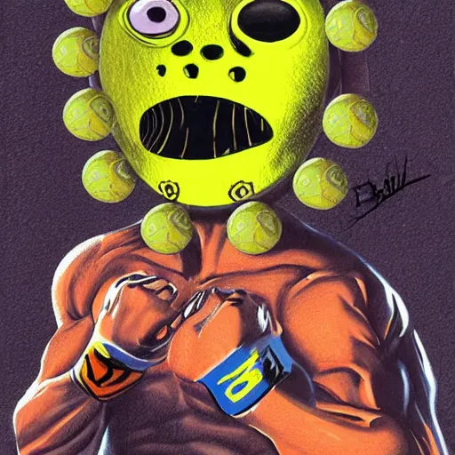 Image similar to a tennis ball monster ,tennis ball, lucha libre chalk digital art, fantasy, magic, trending on artstation, ultra detailed, professional illustration by Basil Gogos