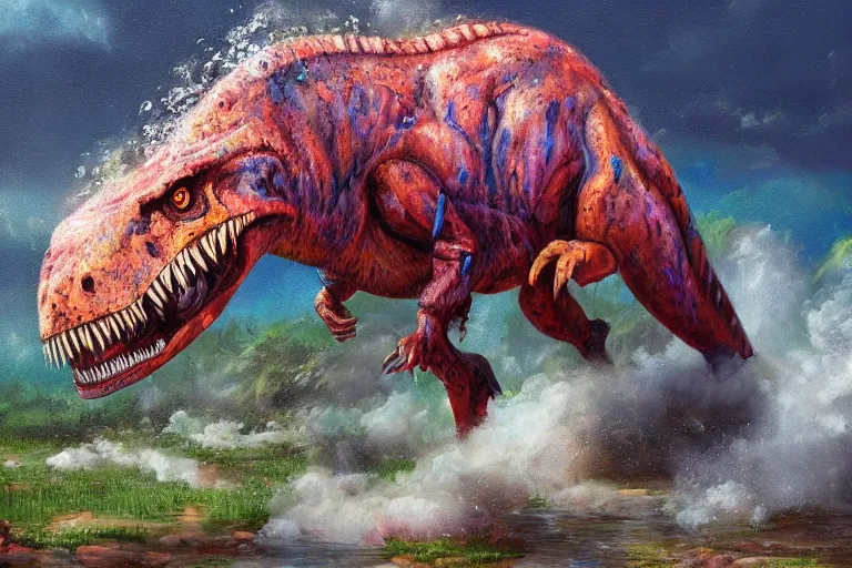 Image similar to highly detailed oil painting of a tyrannosaurus rex in a steaming colorful hotspring, featured on artstation