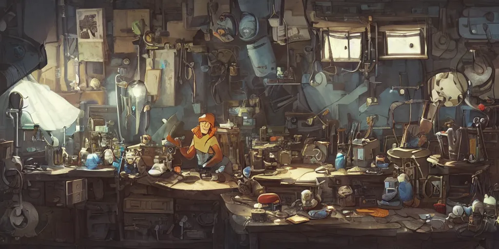 Image similar to A strong mechanic tinkers over gadgets on a table inside his workshop, in the style of Arcane, Greg Rutkowski and Studio Ghibli