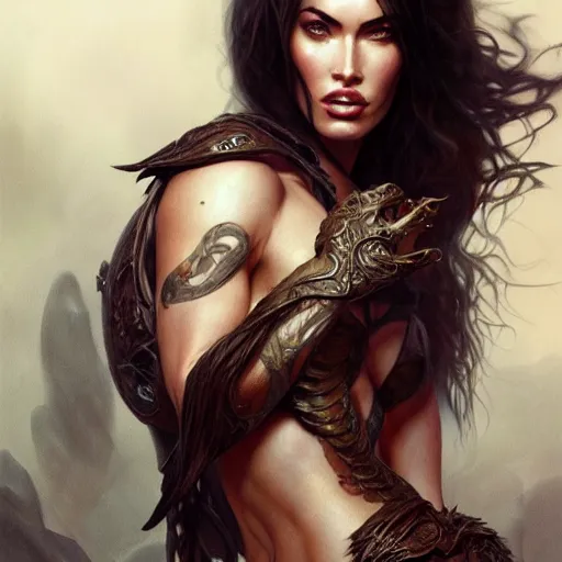 Image similar to portrait of megan fox, muscular upper body, fantasy, intricate, elegant, highly detailed, digital painting, artstation, concept art, matte, sharp focus, illustration, art by aenaluck and roberto ferri and greg rutkowski, epic fantasy, digital painting