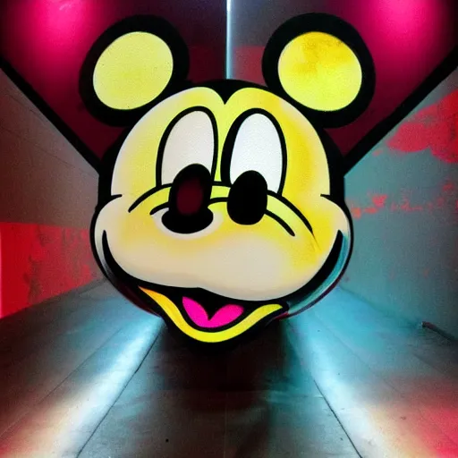 Image similar to animatronic mickey mouse head, graffiti, time shift, mesh distortion, warped, wet, melting, mutating, radiant alien