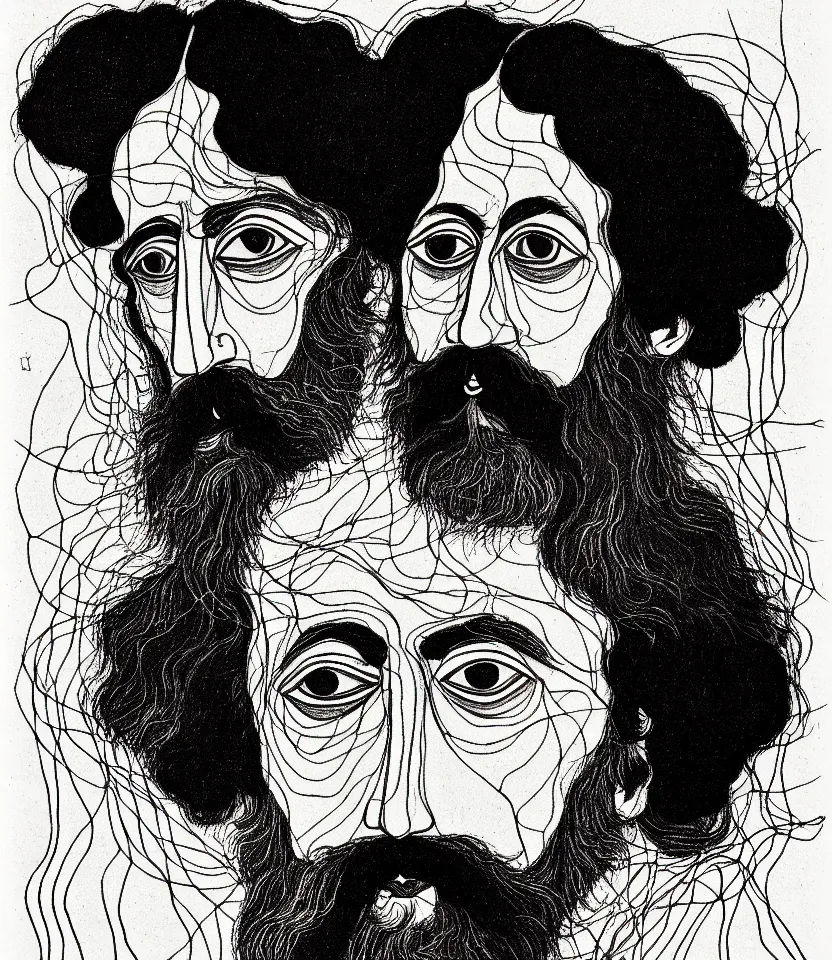 Image similar to detailed line art portrait of rabindranath tagore, inspired by egon schiele. caricatural, minimalist, bold contour lines, musicality, soft twirls curls and curves, confident personality, raw emotion