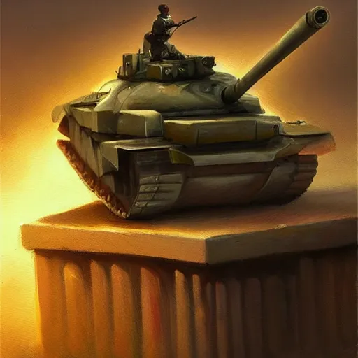 Image similar to tank in the shape of a book, oil painting, artstation, dramatic lighting,, beautiful