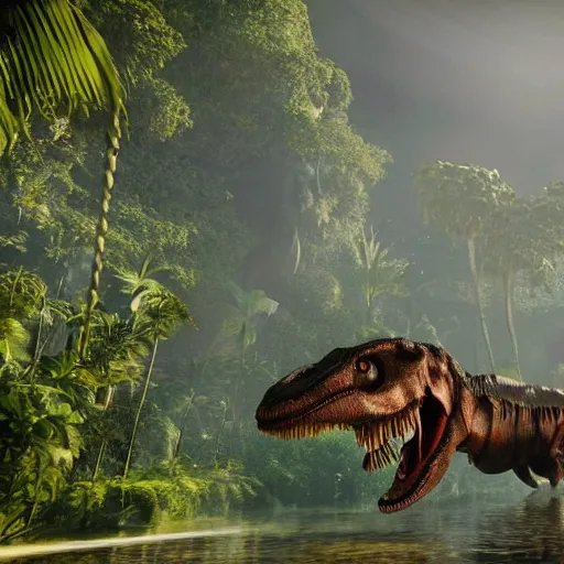 Image similar to an elaborate time machine with floating platform over a prehistoric jungle with a t - rex in the background, unreal engine, hyper detailed