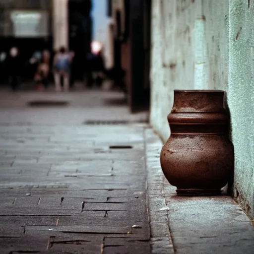 Image similar to 4x5 styled street photography, interesting setting and composition, 35mm lens, pastel colours, grainy, bokeh, depth of field, dreamy, rule of thirds